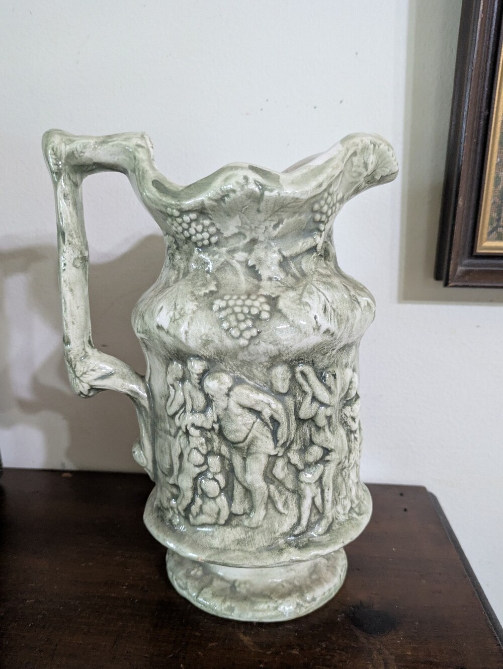 Vintage Greco-Roman "Bacchanalian Dance" Relief-Moulded Ceramic Pitcher Signed